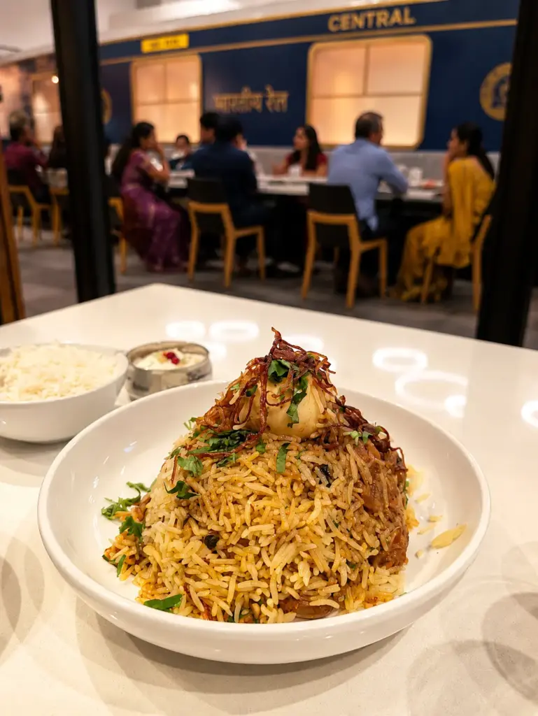 Biryani-style Indian rice dish served at Central by Saffron Valley with guests dining in the background.