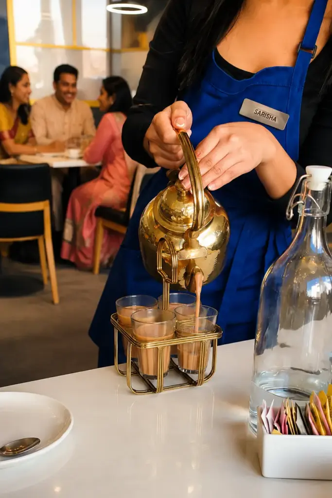 Chai being poured from a golden teapot during a private dining experience at Central by Saffron Valley.